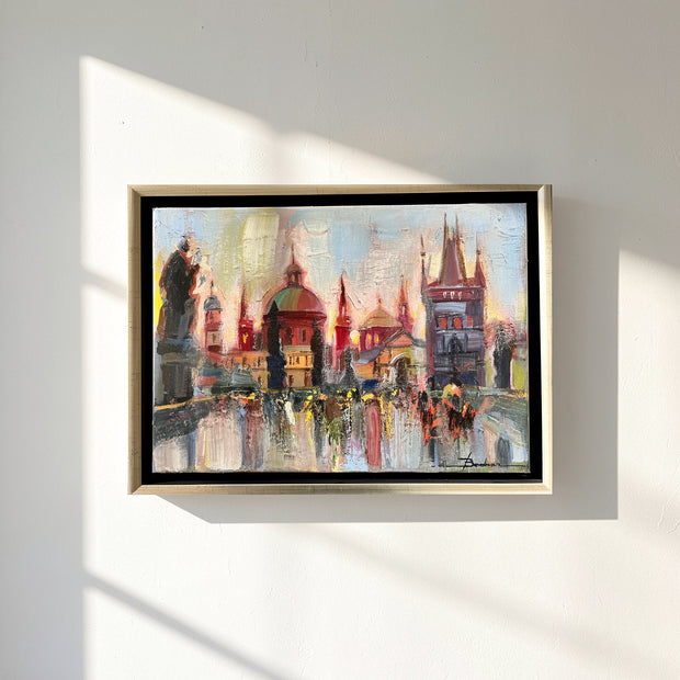 Magis Art Shop original oil painting of Prague Old Town towers from Charles Bridge in an elegant frame.