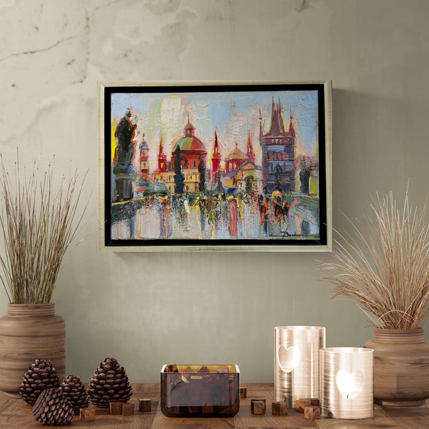 Magis Art Shop original oil painting of Prague Old Town towers from Charles Bridge in an elegant frame