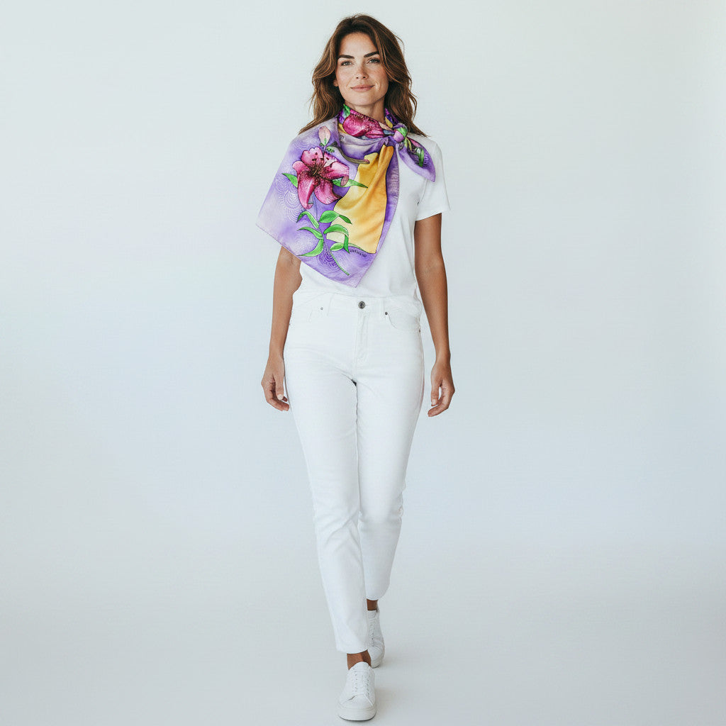 Magis Art Shop purple silk scarf with floral pattern worn by a woman in a white t-shirt and white jeans