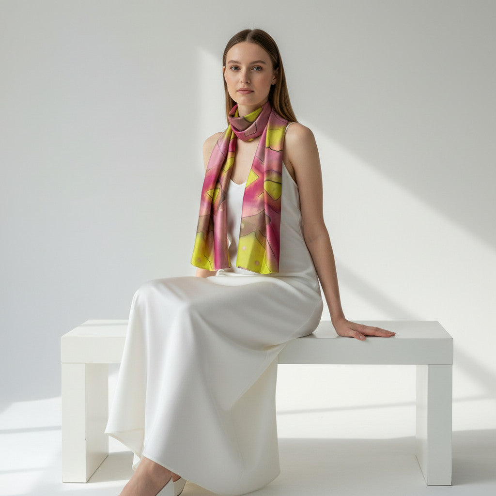 Magis Art Shop hand-painted silk scarf in purple and green worn by a woman in a white dress against a minimalist wall