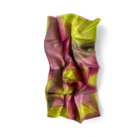 Magis Art Shop hand-painted silk scarf in purple and green with abstract geometric patterns and a glossy finish.