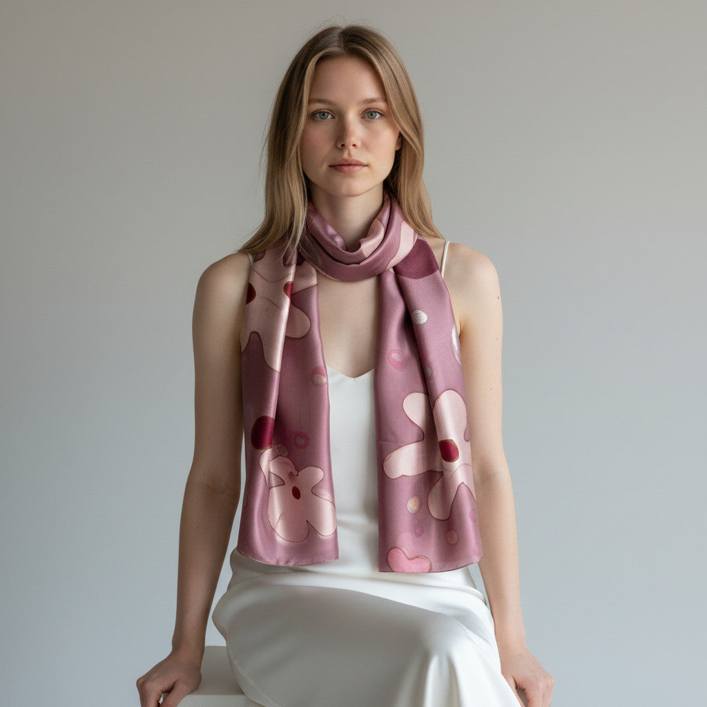 Magis Art Shop hand-painted purple silk scarf with floral pattern worn by a woman in a white dress