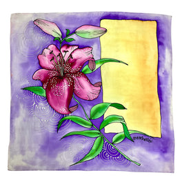 Magis Art Shop silk scarf featuring a hand-painted purple lily flower on a violet background with yellow accents.