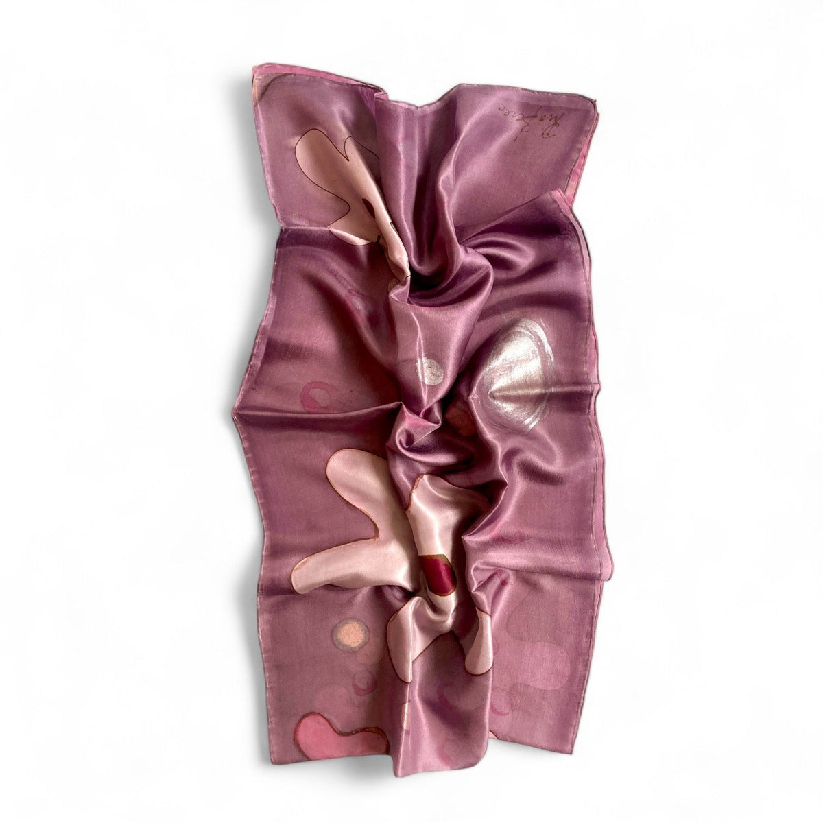 Magis Art Shop hand-painted purple silk scarf by Ria Berec with abstract patterns and a soft lustrous finish.