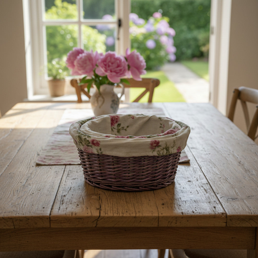 Magis Art Shop small round purple wicker basket with a floral fabric liner sitting on a rustic wooden dining table.