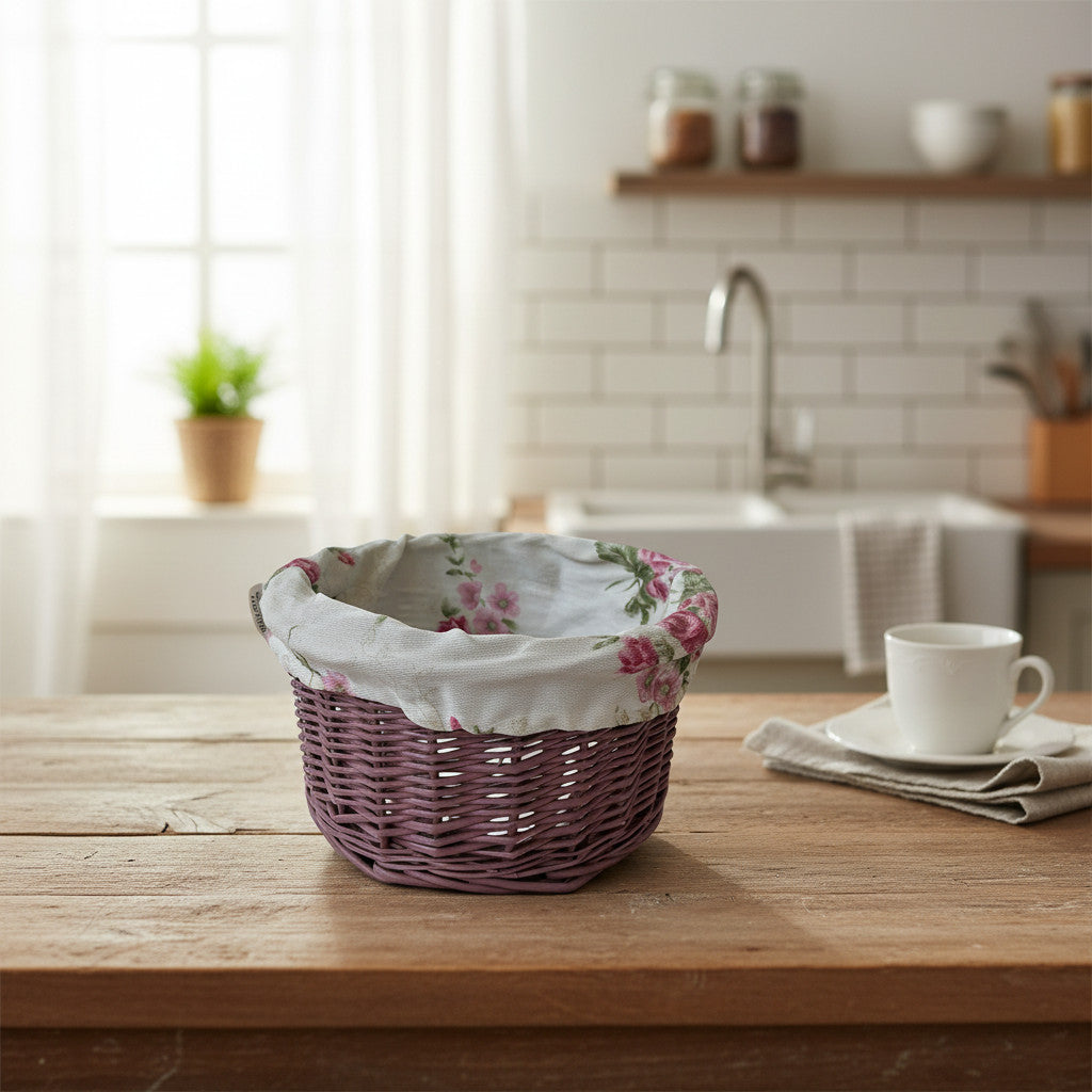 Magis Art Shop small purple wicker basket with a floral fabric lining sitting on a wooden kitchen table