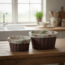 Magis Art Shop small round purple wicker baskets with floral fabric lining sitting on a wooden kitchen table