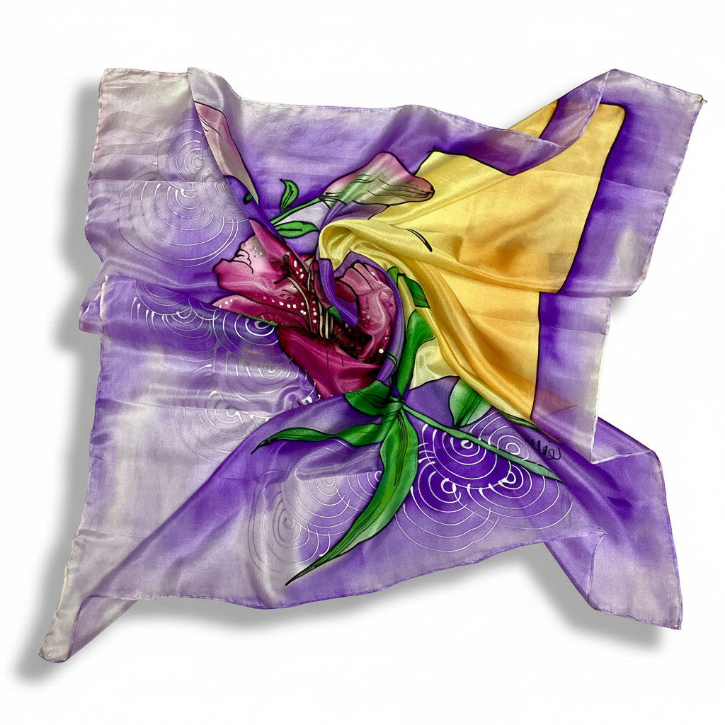 Magis Art Shop purple and yellow silk scarf featuring hand-painted floral motifs and abstract circular patterns