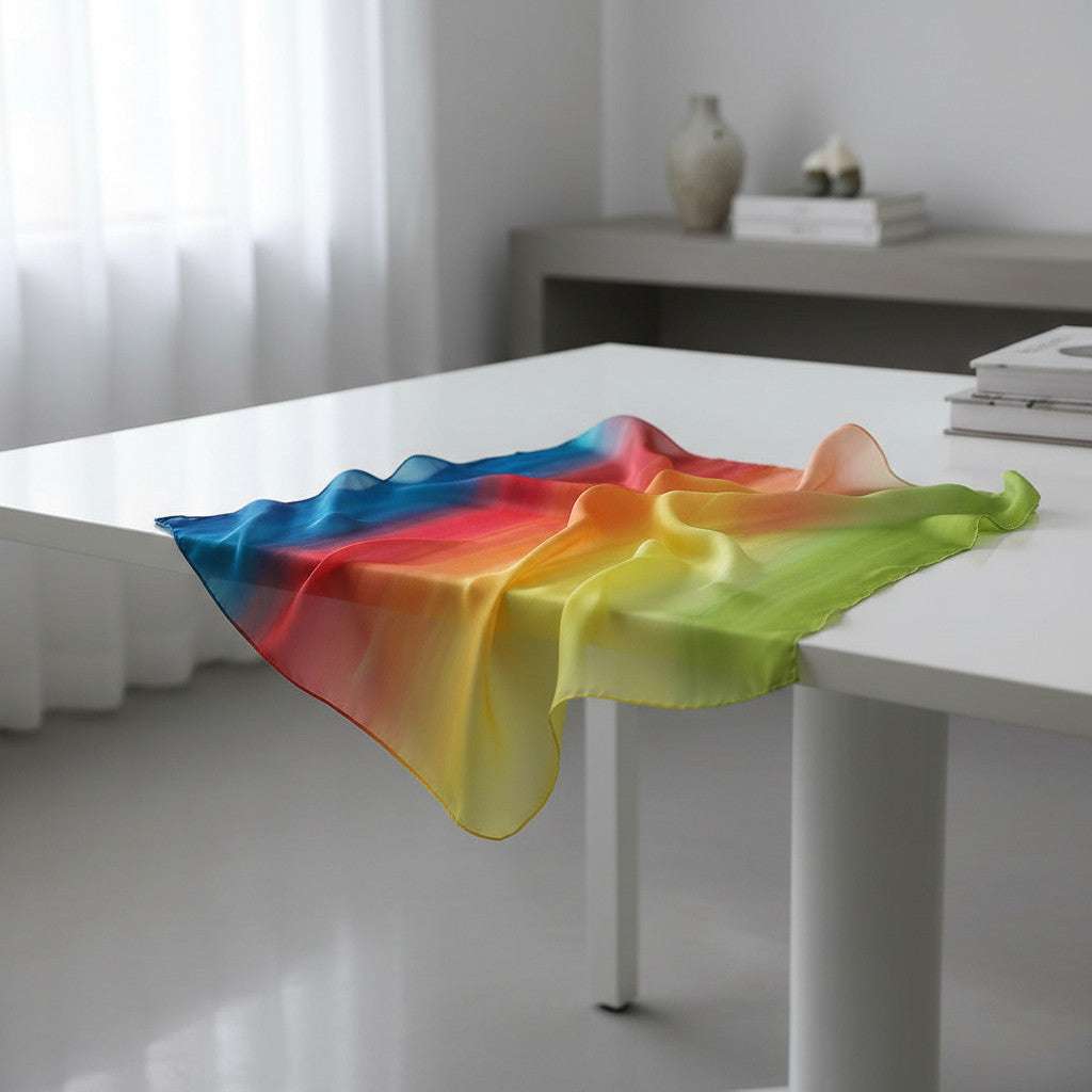 Magis Art Shop square silk scarf by Jana Melichová featuring a vibrant rainbow gradient pattern on a white table