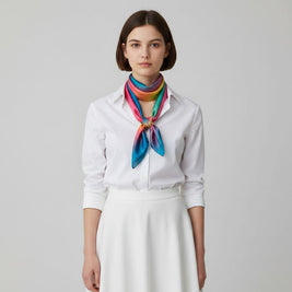 Magis Art Shop silk scarf by Jana Melichová featuring a vibrant rainbow gradient tied around a woman's neck.