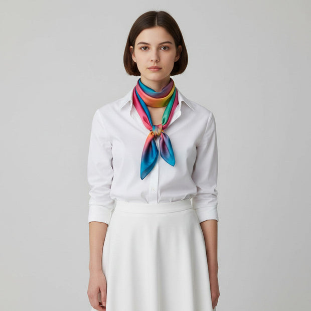 Magis Art Shop silk scarf by Jana Melichová featuring a vibrant rainbow gradient tied around a woman's neck.