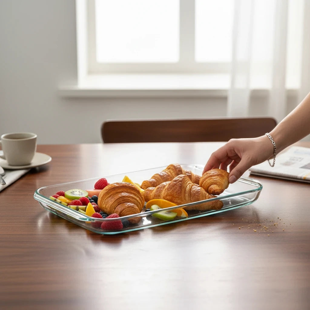 Magis Art Shop rectangular glass serving dish filled with fresh croissants and fruit on a wooden table