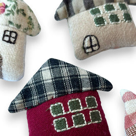 Magis Art Shop small handmade red fabric house brooch with embroidered windows and a plaid roof pattern