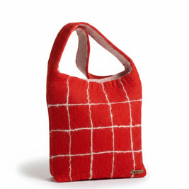 Magis Art Shop handmade red felt bag by Gry and Sif with a white grid pattern and a small branded metal tag