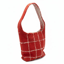 Magis Art Shop Gry and Sif handmade red felt shoulder bag with a white grid pattern and soft textured finish.