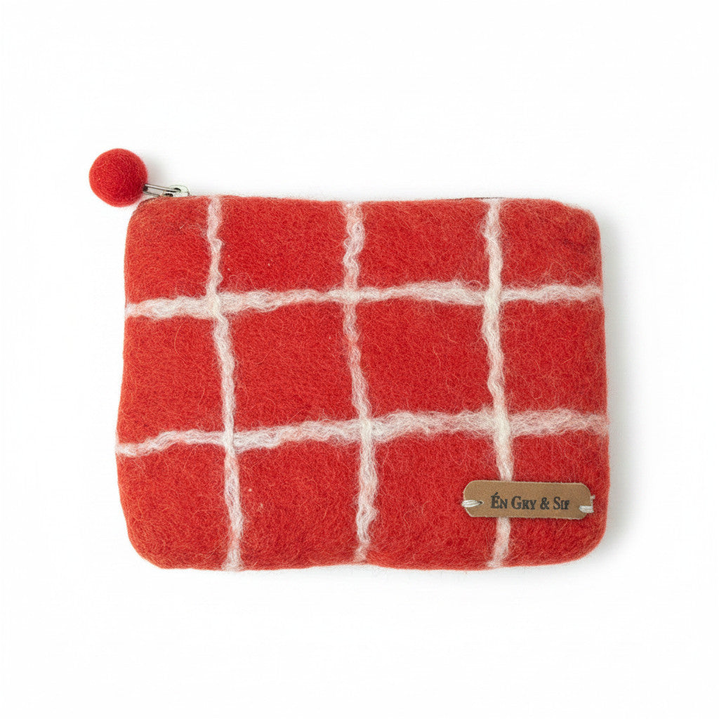 Magis Art Shop Gry and Sif handmade red felt wallet with a white grid pattern and a small red pom-pom zipper pull.