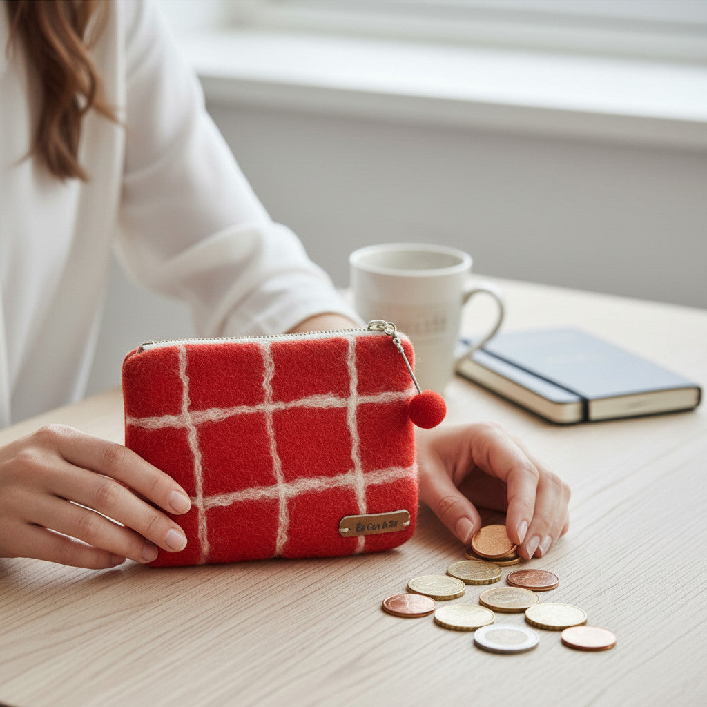 Magis Art Shop Gry and Sif handmade red felt wallet with white grid pattern and zipper closure on a wooden table