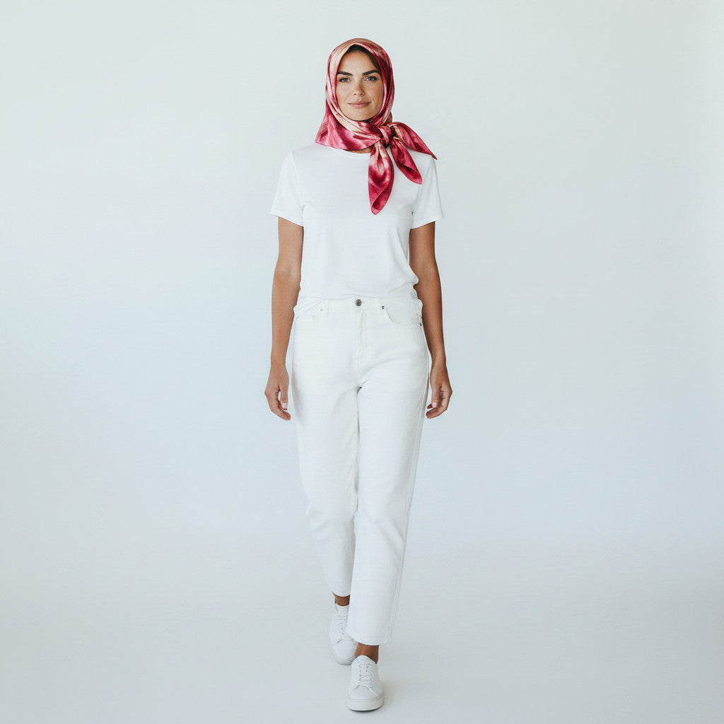 Magis Art Shop Elena Ruta Marchallé red silk scarf worn by a model in a white t-shirt and jeans
