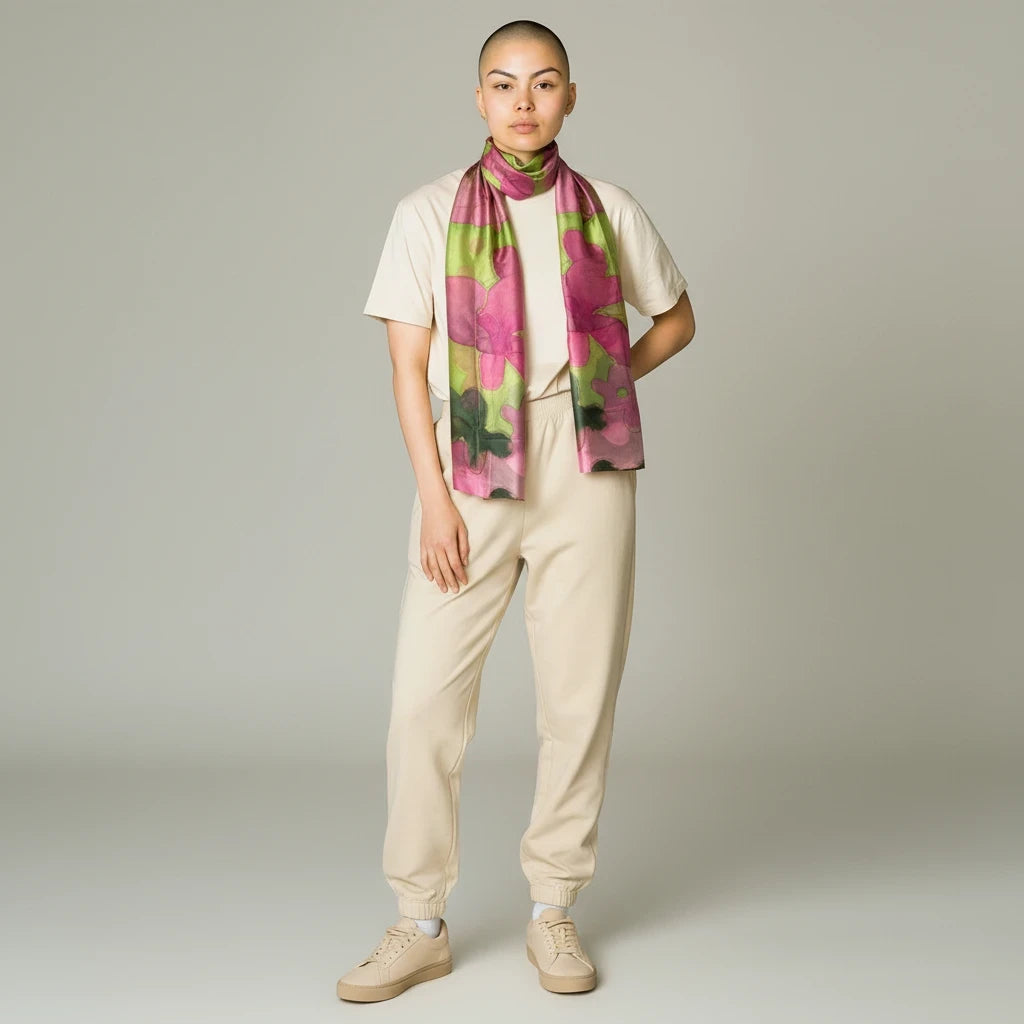 Model wearing a hand-painted green and pink 100% silk scarf by Ria Berec, available at Magis Art Shop.