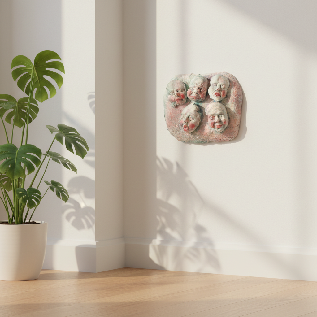 Magis Art Shop clay composition wall art titled Tváre II by Róbert Szittay featuring expressive faces in a room.