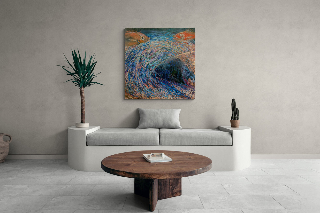 Magis Art Shop Kateryna Orel Ryby expressive abstract oil painting with blue water tones and fish on a living room wall