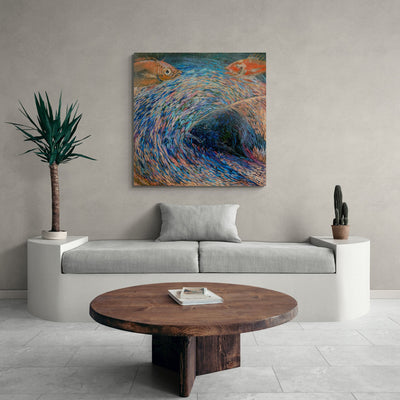 Magis Art Shop Kateryna Orel Ryby expressive abstract oil painting with blue water tones and fish on a living room wall