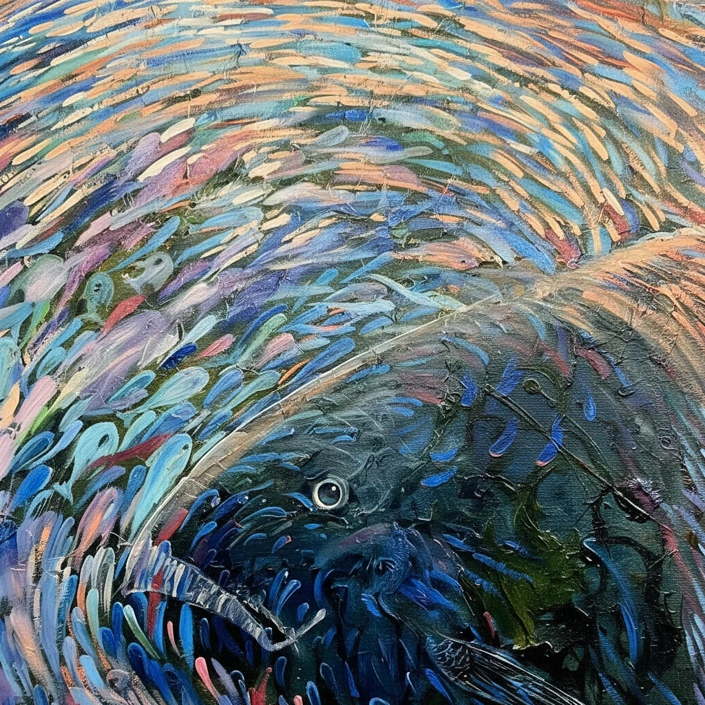 Magis Art Shop Ryby oil painting by Kateryna Orel featuring expressive blue abstract brushstrokes and fish motifs.
