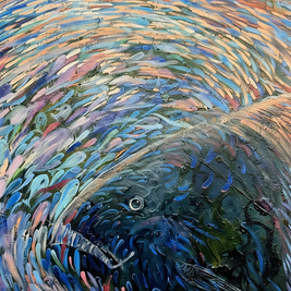 Magis Art Shop Ryby oil painting by Kateryna Orel featuring expressive blue abstract brushstrokes and fish motifs.