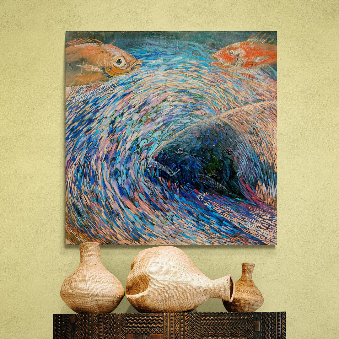 Magis Art Shop original oil painting Ryby by Kateryna Orel featuring expressive blue fish in a swirling water scene.