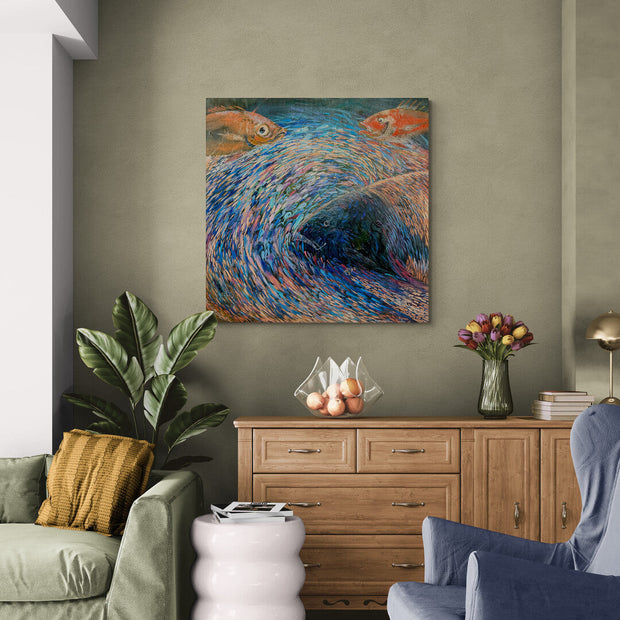 Magis Art Shop Kateryna Orel Ryby oil painting featuring expressive blue brushstrokes and fish on canvas in a room.