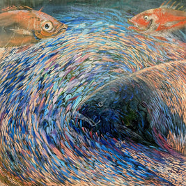 Magis Art Shop original oil painting Ryby by Kateryna Orel featuring expressive fish in blue and orange tones.