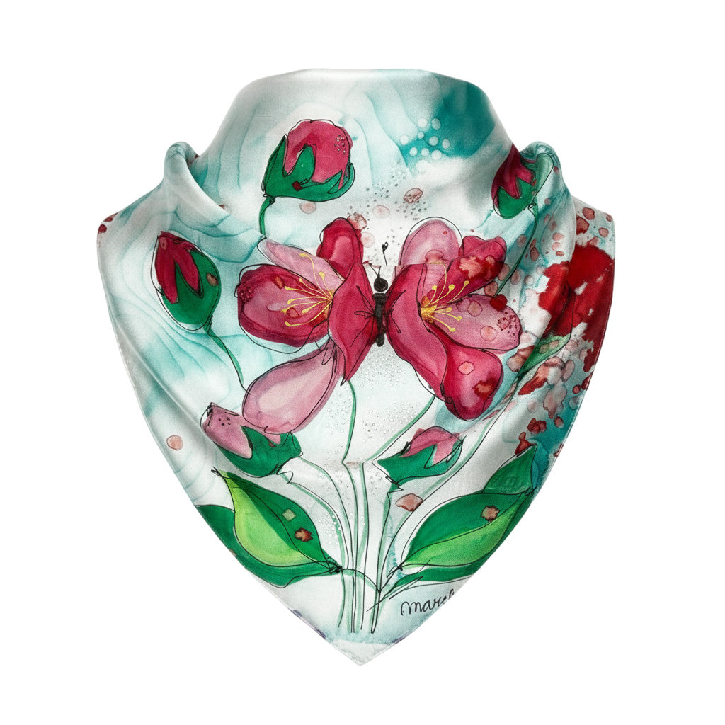 Magis Art Shop Elena Ruta Marchallé square silk scarf featuring hand-painted red flowers and green leaves