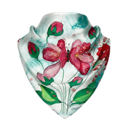 Magis Art Shop Elena Ruta Marchallé square silk scarf featuring hand-painted red flowers and green leaves