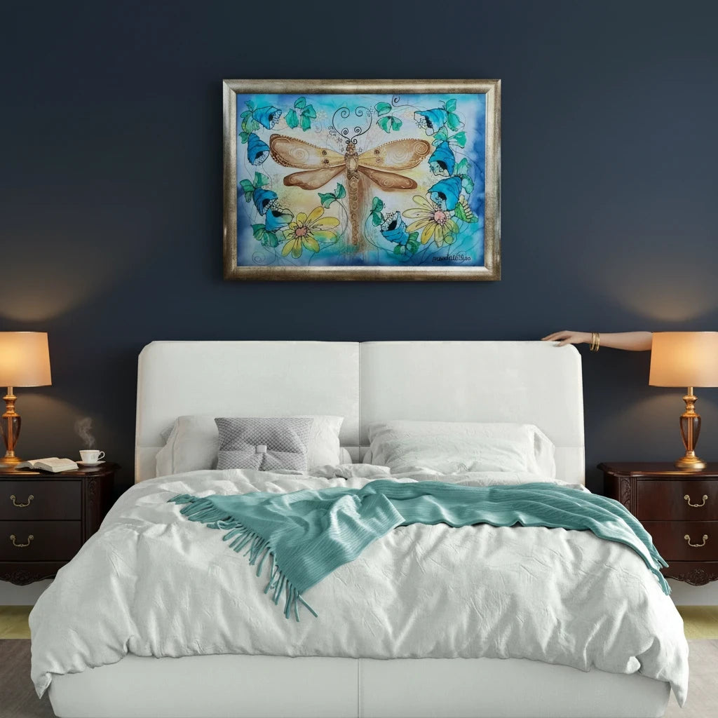 Magis Art Shop silk painting of a dragonfly with gold lace wings surrounded by blue and yellow flowers in a frame.