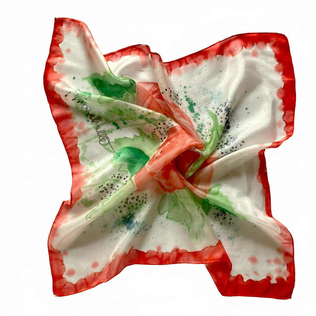 Magis Art Shop silk scarf featuring a hand-painted red poppy floral design on a white background, 55x55 cm square.