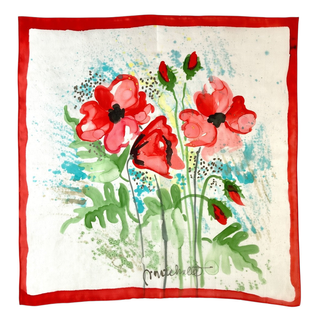 Magis Art Shop silk scarf featuring a vibrant red poppy floral watercolor print with a bold red border
