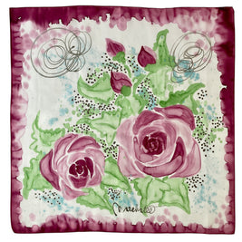 Magis Art Shop Elena Ruta Marchallé silk scarf with hand-painted pink roses, green leaves, and a deep burgundy border