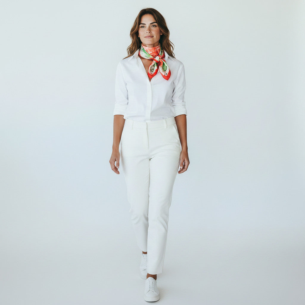 Magis Art Shop silk scarf with rose pattern worn by a woman in a white shirt and trousers