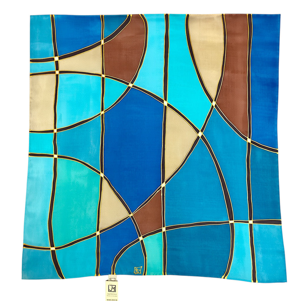 Magis Art Shop square silk scarf by Jana Melichova featuring abstract blue and turquoise patterns with gold accents