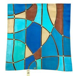 Magis Art Shop square silk scarf by Jana Melichova featuring abstract blue and turquoise patterns with gold accents