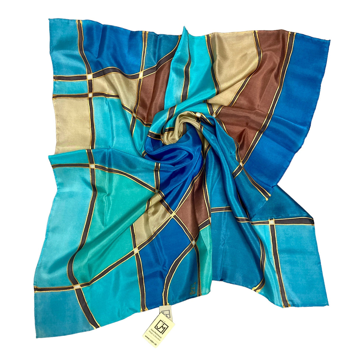 Magis Art Shop silk scarf in blue and turquoise geometric pattern with gold accents and brown panels