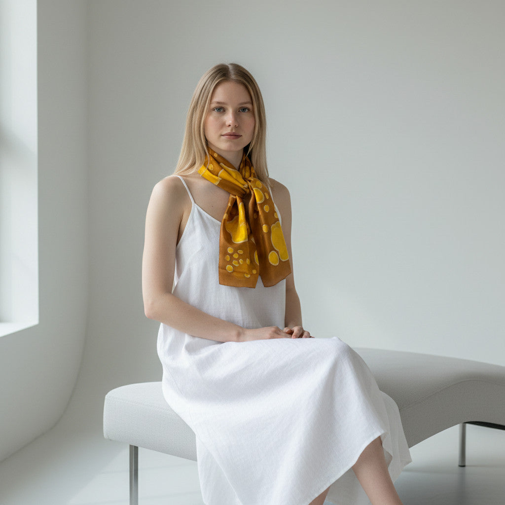 Magis Art Shop hand-painted 100% silk scarf in brown and yellow worn by a woman in a white dress.