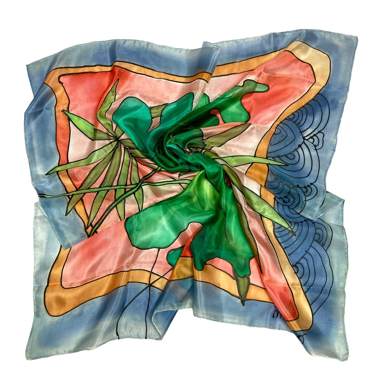 Magis Art Shop Elena Ruta Marchallé silk scarf featuring green leaves and orange accents on a blue background