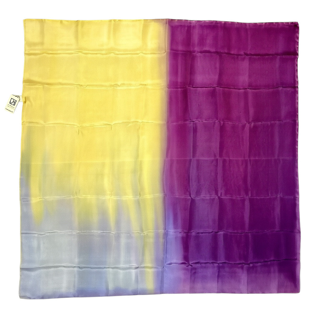 Magis Art Shop hand-painted silk scarf in purple, yellow, and grey with a square 90x90 cm design.