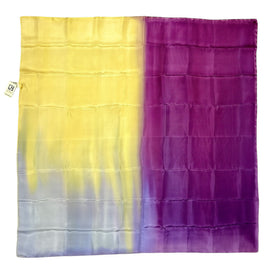 Magis Art Shop hand-painted silk scarf in purple, yellow, and grey with a square 90x90 cm design.