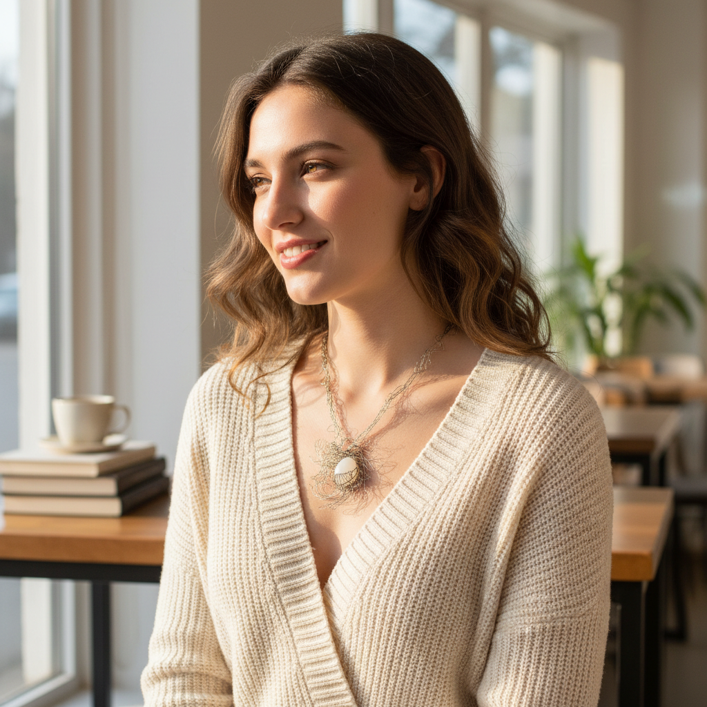 Magis Art Shop silver necklace with a white stone pendant worn by a woman in a cream cardigan in a bright cafe