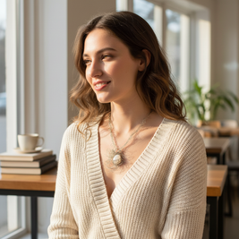 Magis Art Shop silver necklace with a white stone pendant worn by a woman in a cream cardigan in a bright cafe