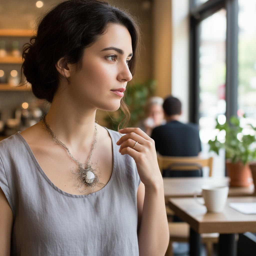 Magis Art Shop silver necklace with a white stone worn by a woman in a cafe setting