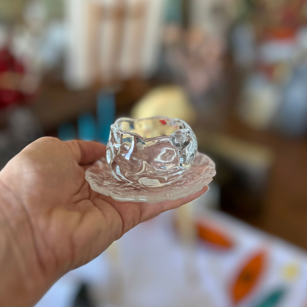Magis Art Shop small clear glass cup with matching textured saucer held in a hand