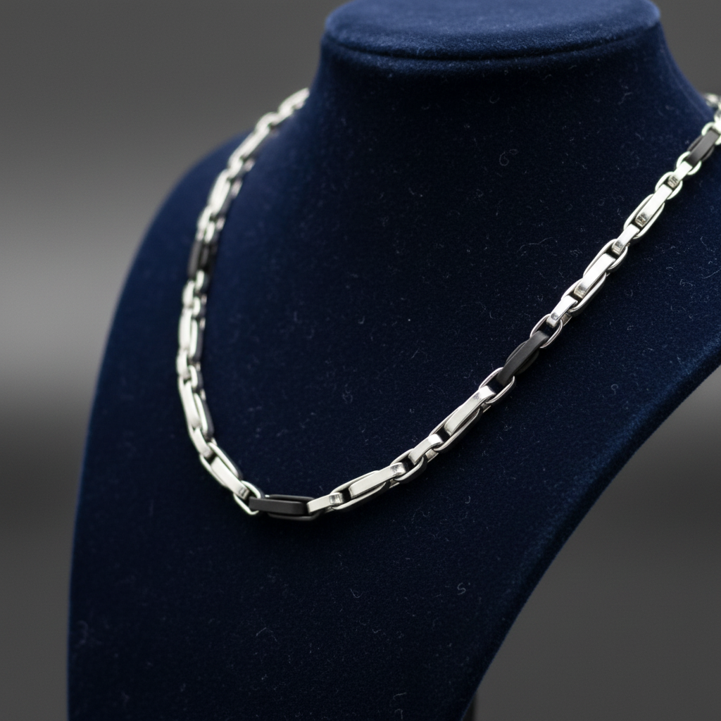 Magis Art Shop stainless steel chain necklace with black accents displayed on a blue velvet bust